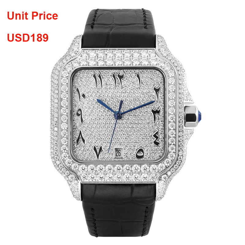 Leather Straps Arabic Numbers Automatic Moissanite Watch VVS