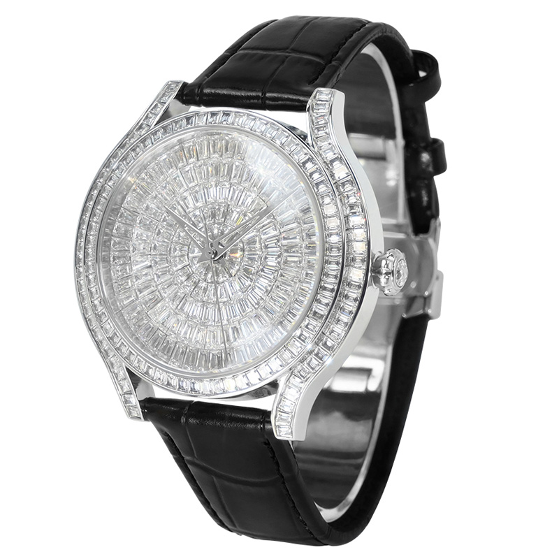 New Arrival Leather Straps Full Moissanite Dial Automatic VVS Diamond Watch